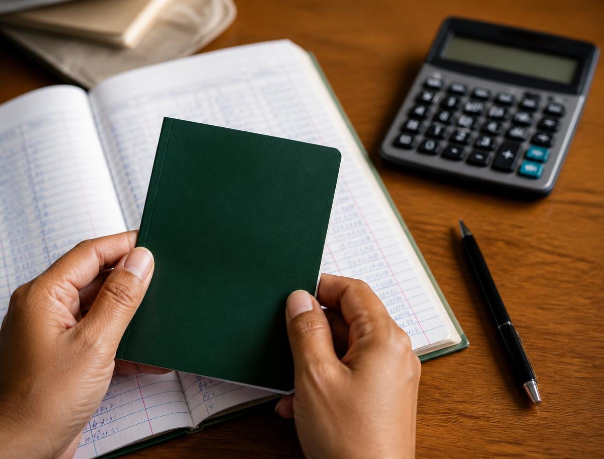 A member passbook and contribution ledger on a desk